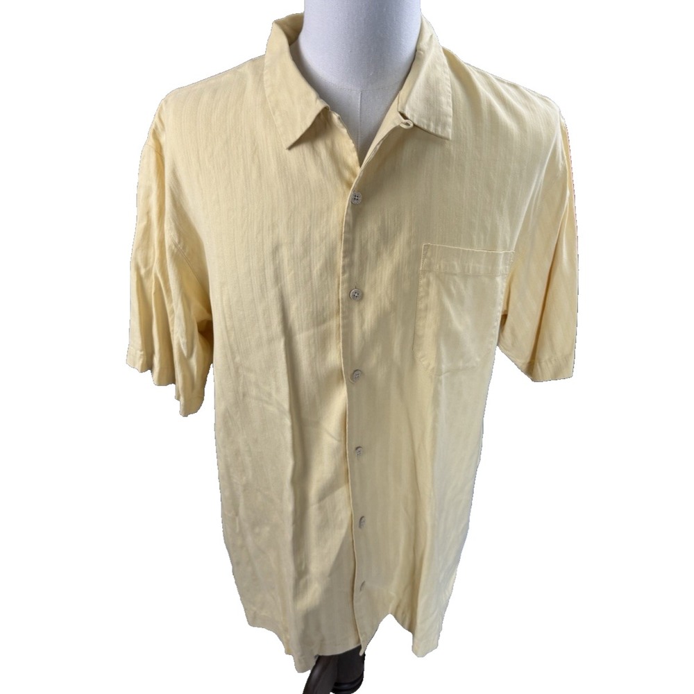 Tommy Bahama Mens Pale Yellow 100% Silk Short Sleeve Shirt Large